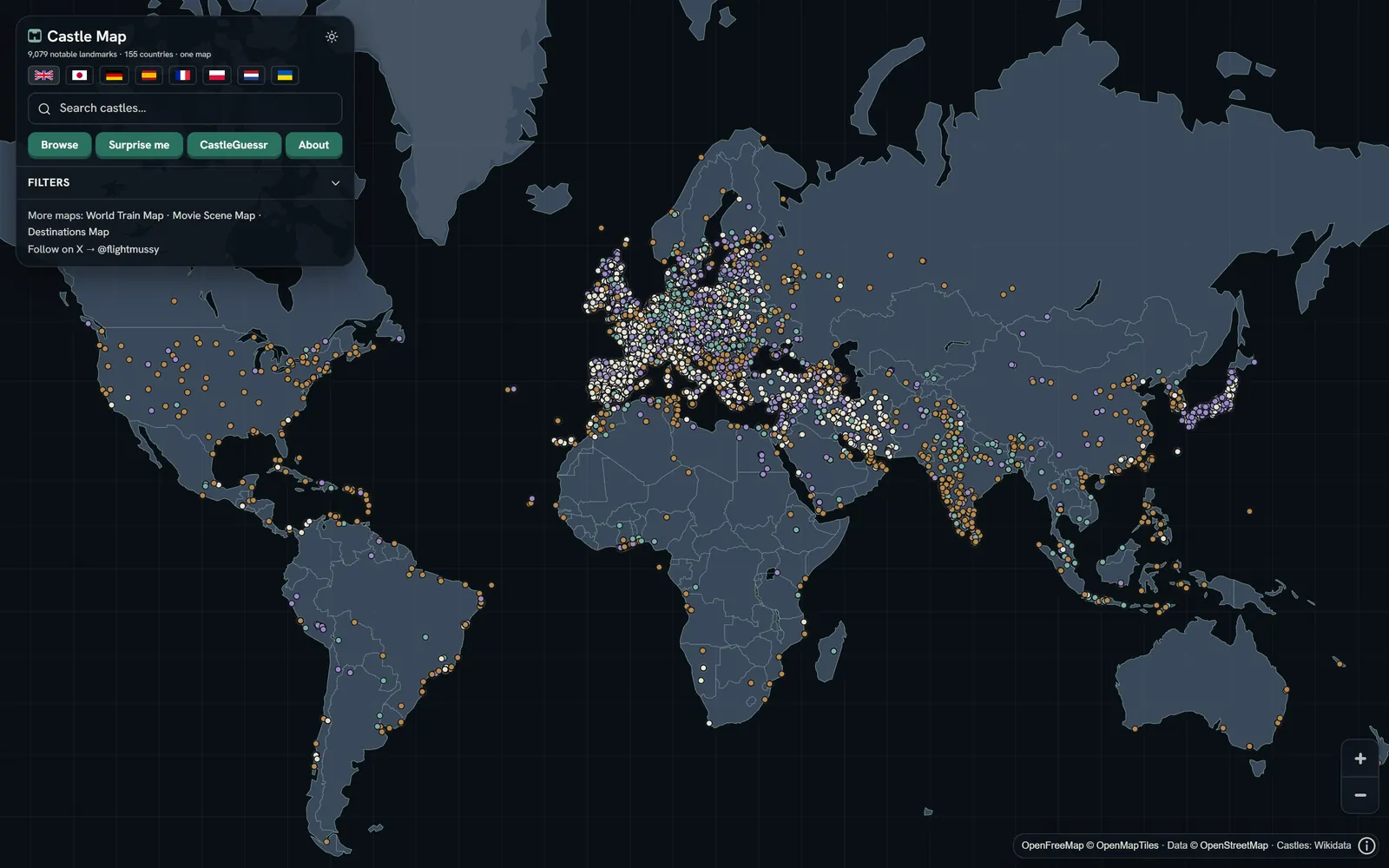 Castle Map showing thousands of castles across Europe and Asia