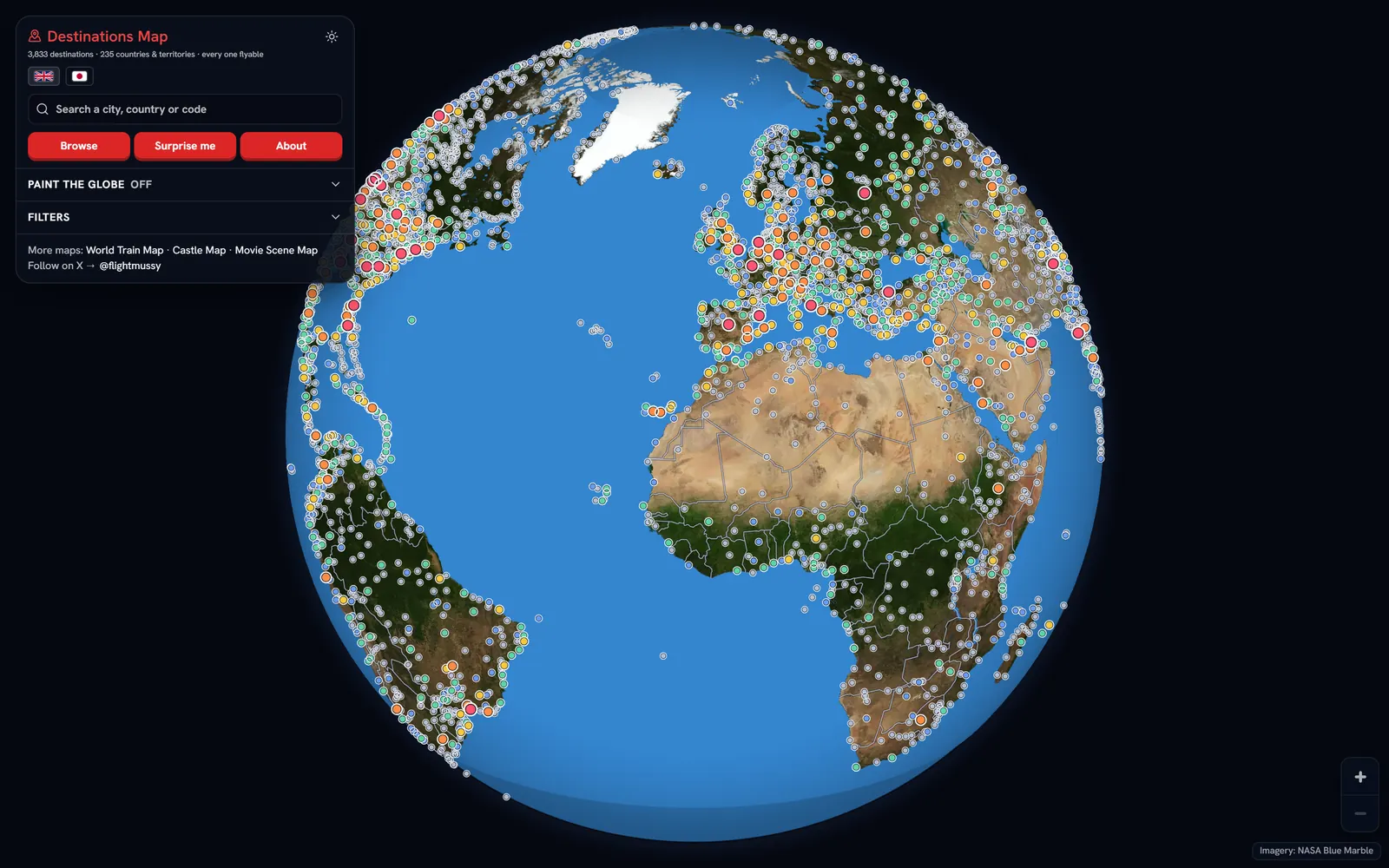 Destinations Map showing a globe covered in destinations