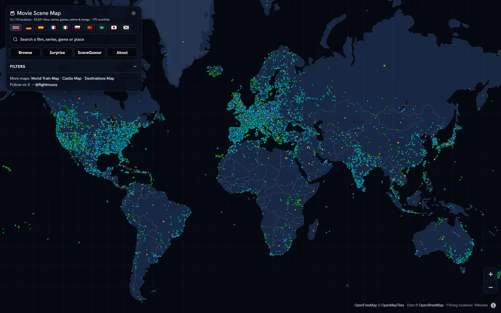 Movie Scene Map showing filming locations across the world