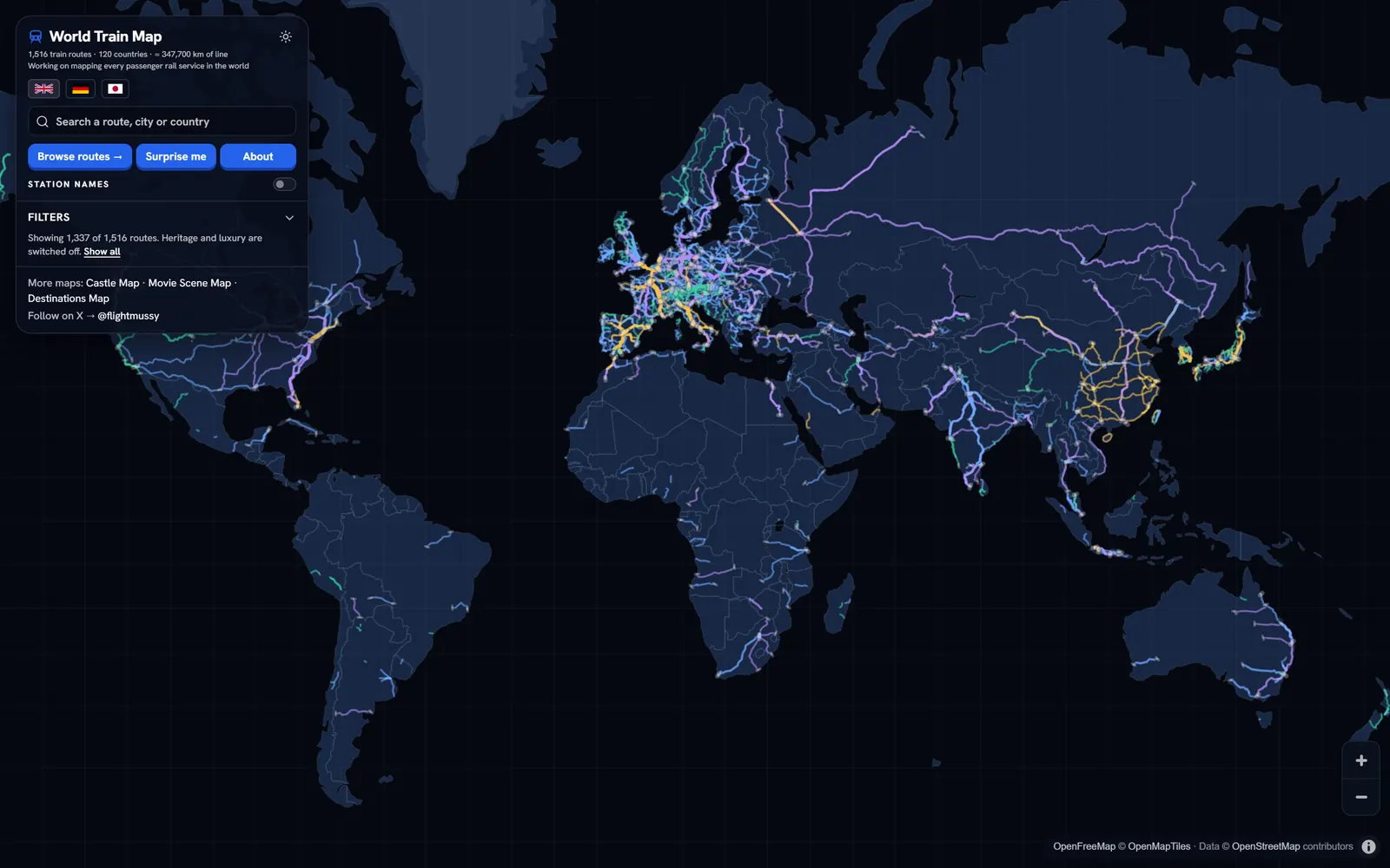 World Train Map showing passenger train routes across Europe and Asia